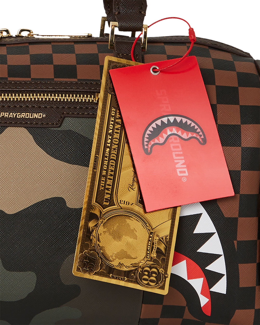 EXTERIOR GOLD ZIP POCKET SHARKS IN PARIS MINI DUFFLE