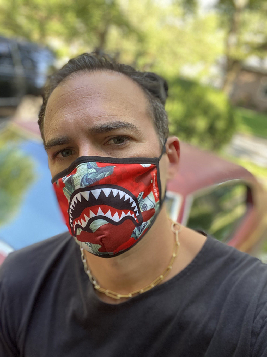 ADULT MONEY CAMO (RED) FORM-FITTING FACE MASK